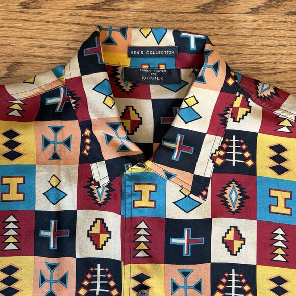 VINTAGE TIMNEY FOWLER FOR GO SILK ALL OVER PRINT MENS SHIRT Large Medium Tribal - Picture 3 of 11